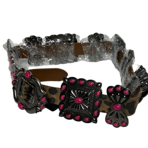 Lucky & Blessed Leopard Pink Turquoise Ribbon TooledSquare Belt